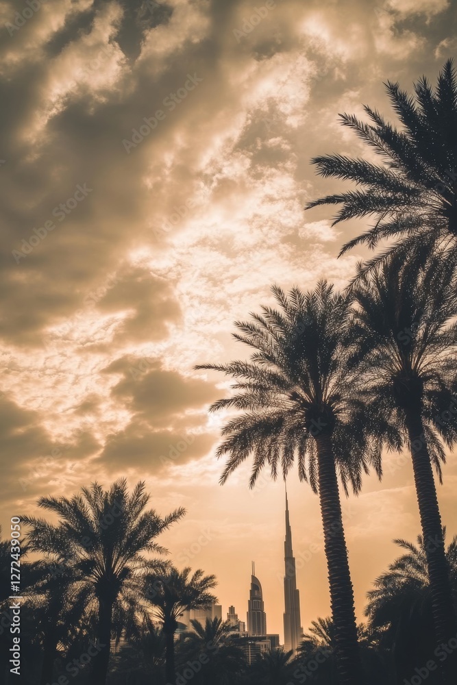 Obraz premium Palm trees silhouetted against the sunset sky with a modern skyline in the background