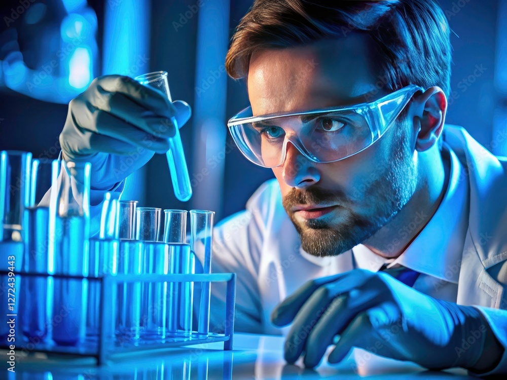 A scientist's research: glowing liquid in a test tube demonstrates fluorescence in a biotechnology experiment. A scientist's research: glowing liquid in a test tube demonstrates fluorescence in a biotechnology experiment.