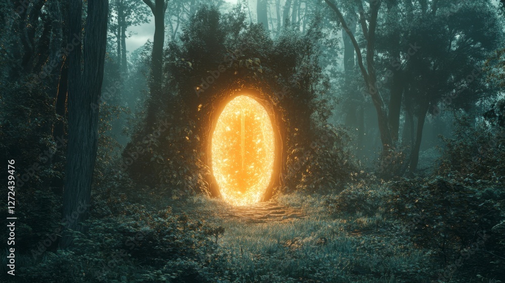 Fototapeta premium Magical Portal Opening in Forest, Mysterious Adventure