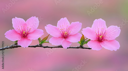 Serene Blossom Harmony Delicate Pink Flowers and Petals on Branch Detailed Floral Composition. photo