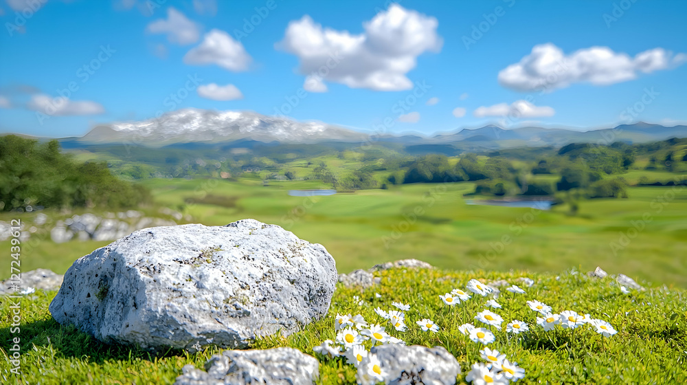 Mountainous landscape, daisies, rock foreground. Ideal for travel brochures Mountainous landscape, daisies, rock foreground. Ideal for travel brochures