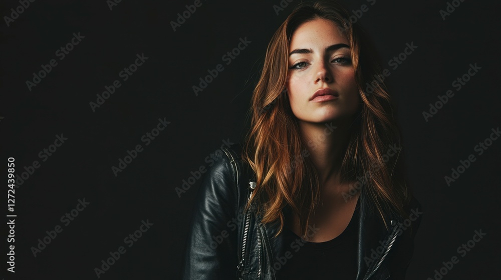 Fototapeta premium Attractive Woman Posing Confidently in Leather Jacket on Dark Backdrop
