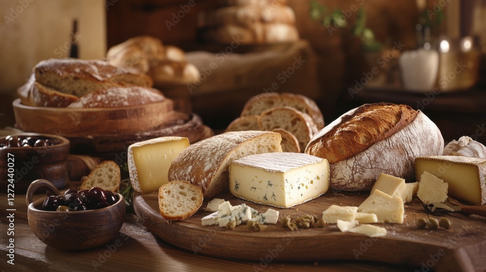 Fototapeta premium Rustic Feast of Bread and Cheese on Wooden Tabletop