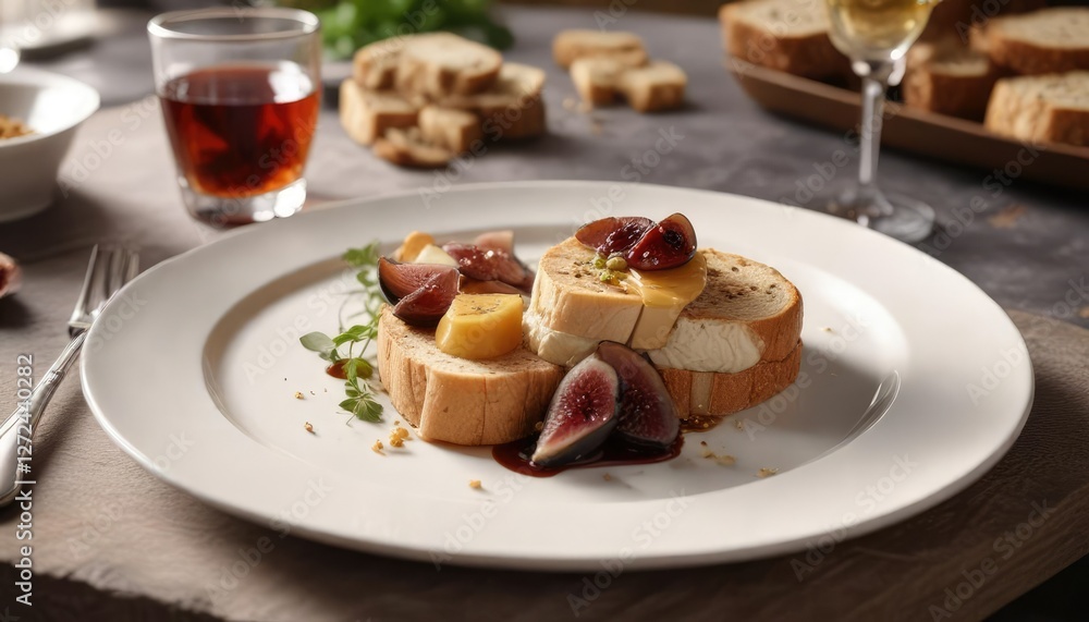 Delicate foie gras parfait served with artisanal bread and fig preserve at a sophisticated restaurant, hors d'oeuvre, classy dining Delicate foie gras parfait served with artisanal bread and fig preserve at a sophisticated restaurant, hors d'oeuvre, classy dining
