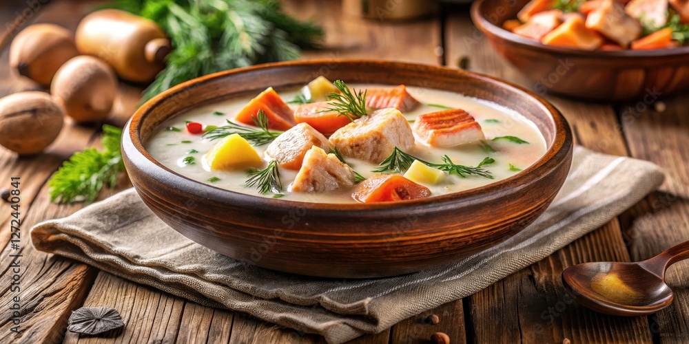 Authentic Finnish salmon potato soup recipe, creamy texture. Stunning high-res image. Authentic Finnish salmon potato soup recipe, creamy texture. Stunning high-res image.