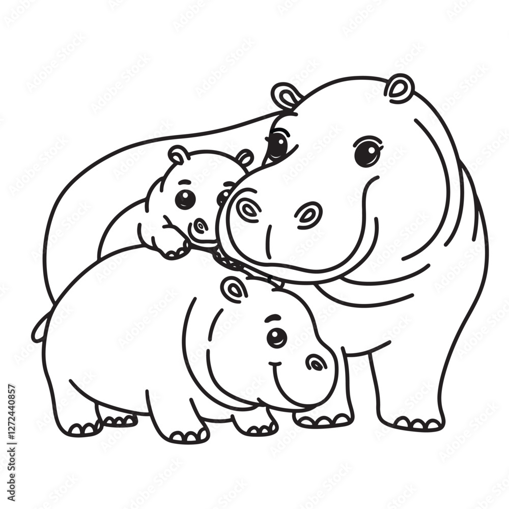 Obraz premium Line art of hippo family, mother hippo and her babies stay together cartoon vector