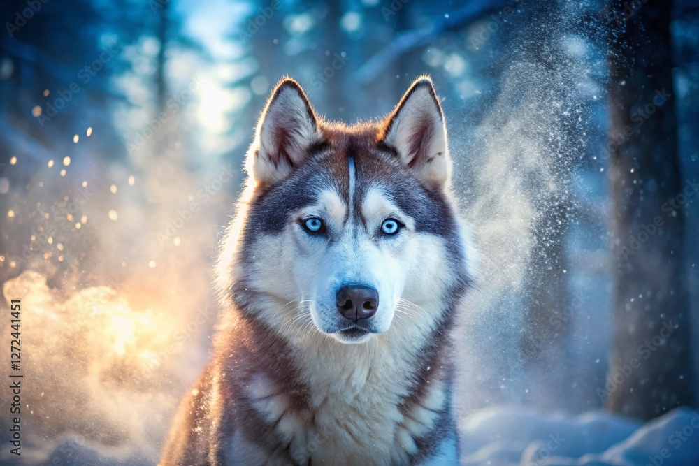 Majestic Husky Dog in Snowy Winter Wonderland, Breath, Blue Eyes, Slow Motion Majestic Husky Dog in Snowy Winter Wonderland, Breath, Blue Eyes, Slow Motion