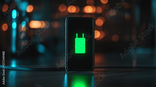 Bright Green Smartphone Charging Under Ambient Light at a Dimly Lit Location in the Evening