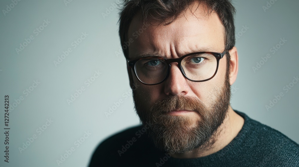 Serious Man with Beard Wearing Glasses, Expressing Concern Serious Man with Beard Wearing Glasses, Expressing Concern