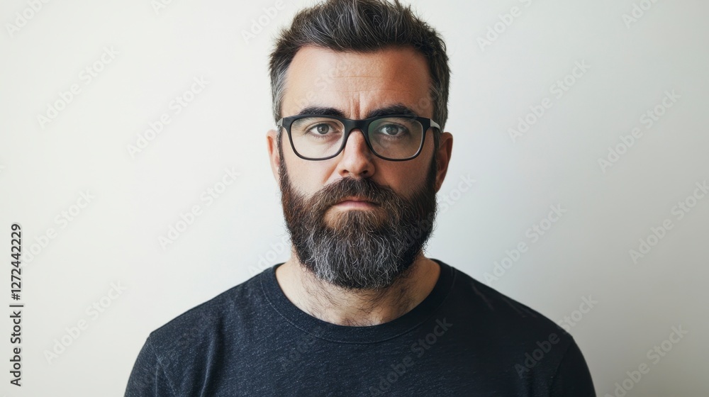 Serious Man Portrait With Glasses Studio, Thoughtful Stare Serious Man Portrait With Glasses Studio, Thoughtful Stare