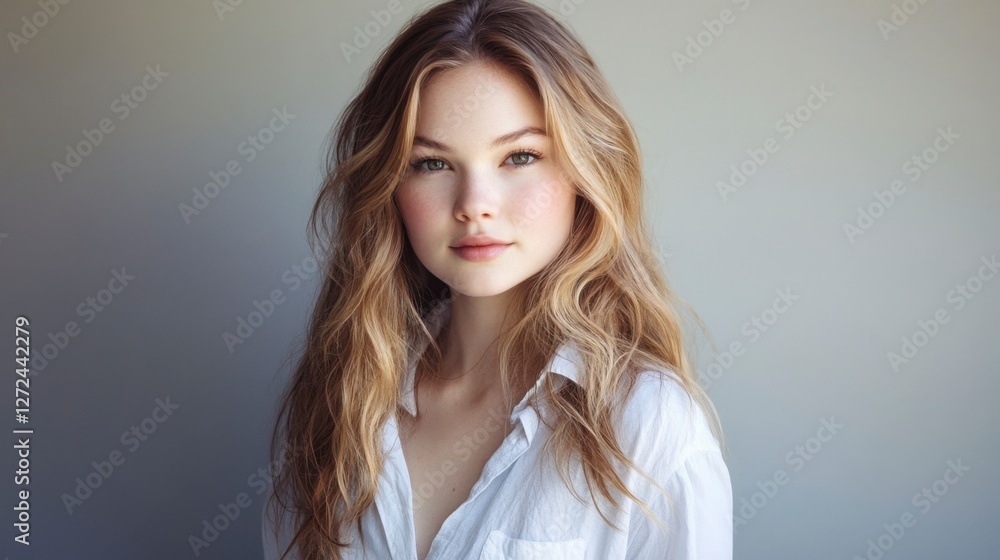 Serene Green-Eyed Girl in White Shirt, Portrait with Natural Light Serene Green-Eyed Girl in White Shirt, Portrait with Natural Light