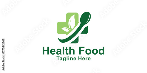 logo design combination of spoon and plus, logo for healthy food, nature, herbal, organic, eco, symbol, icon, idea, creative.
