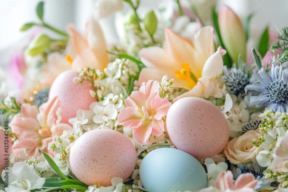 Decorated eggs and spring flowers arranged beautifully for Easter celebration in a bright setting Decorated eggs and spring flowers arranged beautifully for Easter celebration in a bright setting