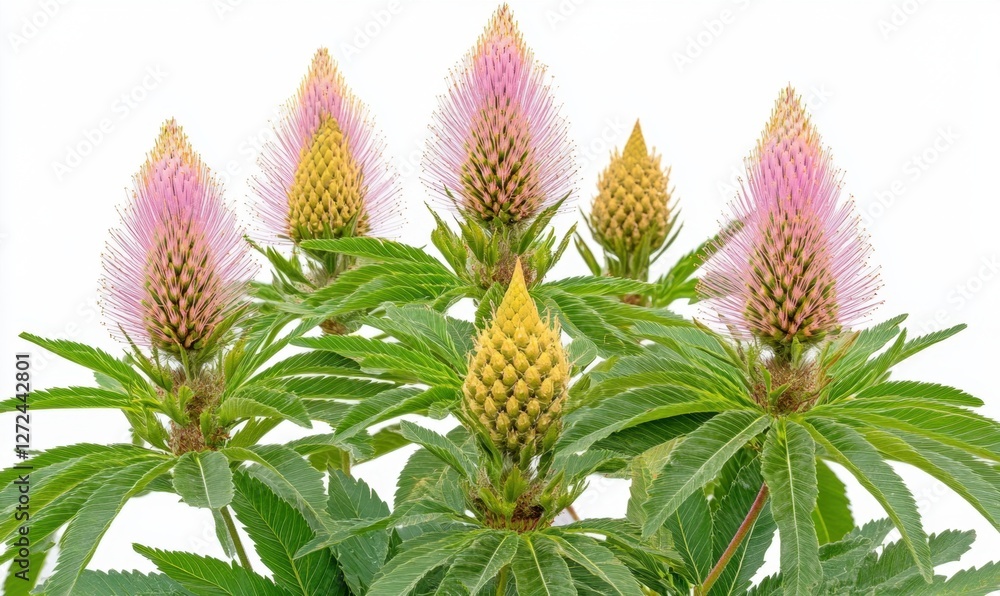 Fototapeta premium Vibrant cluster of flowering plants with pink and yellow blooms against a white background