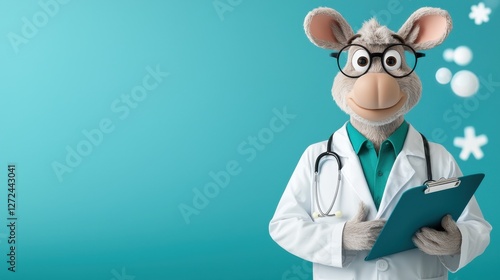 Cheerful and Friendly Moose Wearing a Doctor s White Coat and Holding a Medical Chart in a Clinic or Hospital Setting  Anthropomorphic Animal Character Representing Healthcare Medicine photo