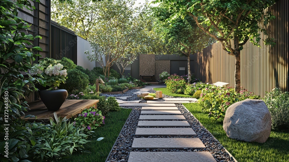 Obraz premium Charming Garden Path Leading to a Peaceful Court Amidst Nature