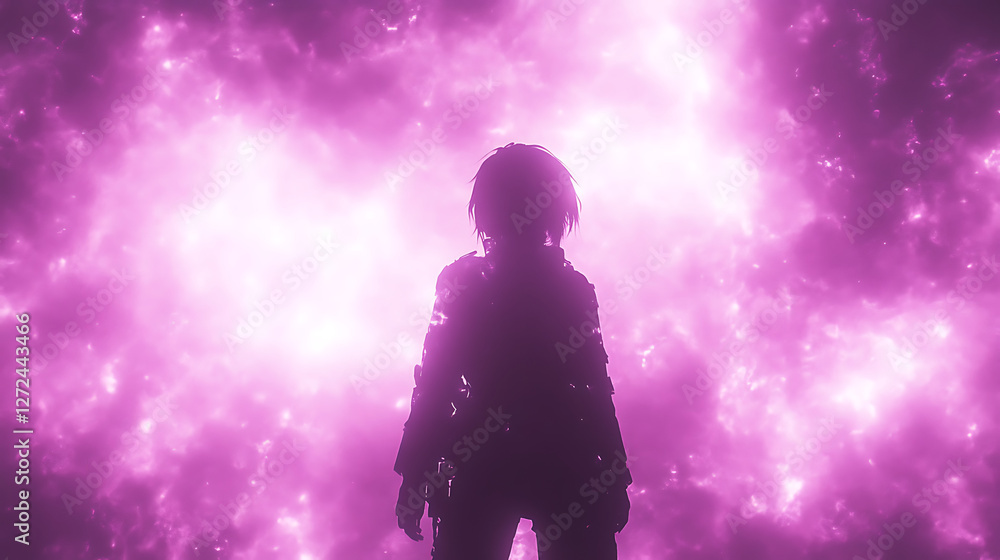 Shadowy Figure Against Vibrant Purple Light a Mystical Silhouette in a Radiant Nebula Cloudscape. Shadowy Figure Against Vibrant Purple Light a Mystical Silhouette in a Radiant Nebula Cloudscape.