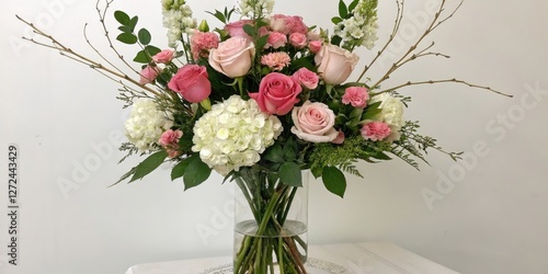 Fototapeta Naklejka Na Ścianę i Meble -  Elegant floral arrangement with long-stemmed roses peonies and hydrangeas, spring flowers, foliage