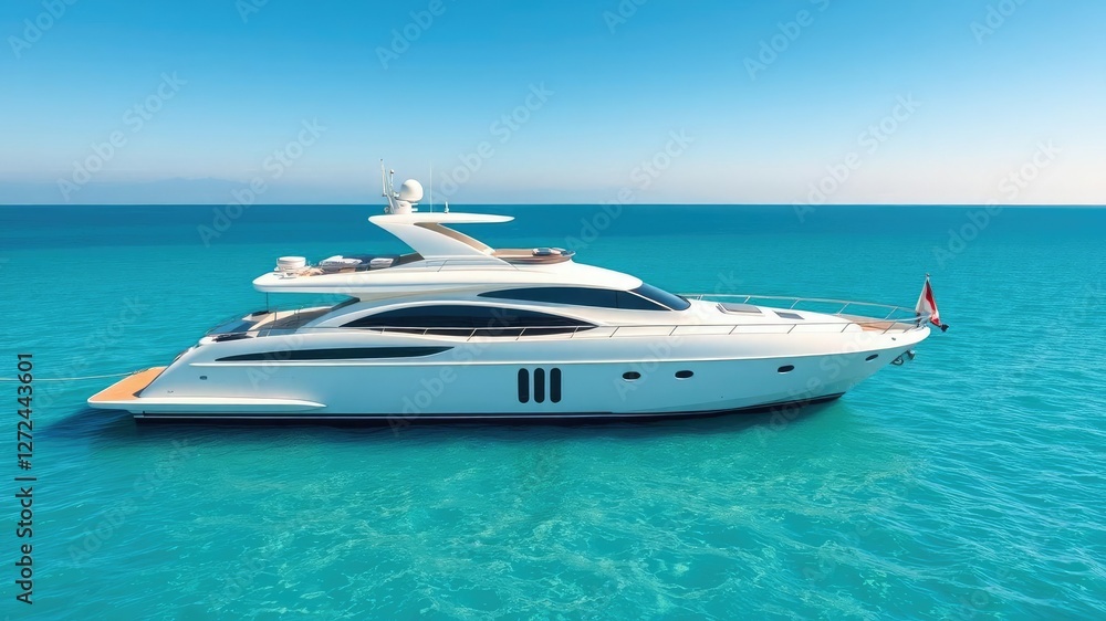 Elegant white yacht moored in a tranquil teal sea with a vast expanse of clear blue sky and subtle horizon, marine serenity, sailboat in still water, nautical elegance Elegant white yacht moored in a tranquil teal sea with a vast expanse of clear blue sky and subtle horizon, marine serenity, sailboat in still water, nautical elegance