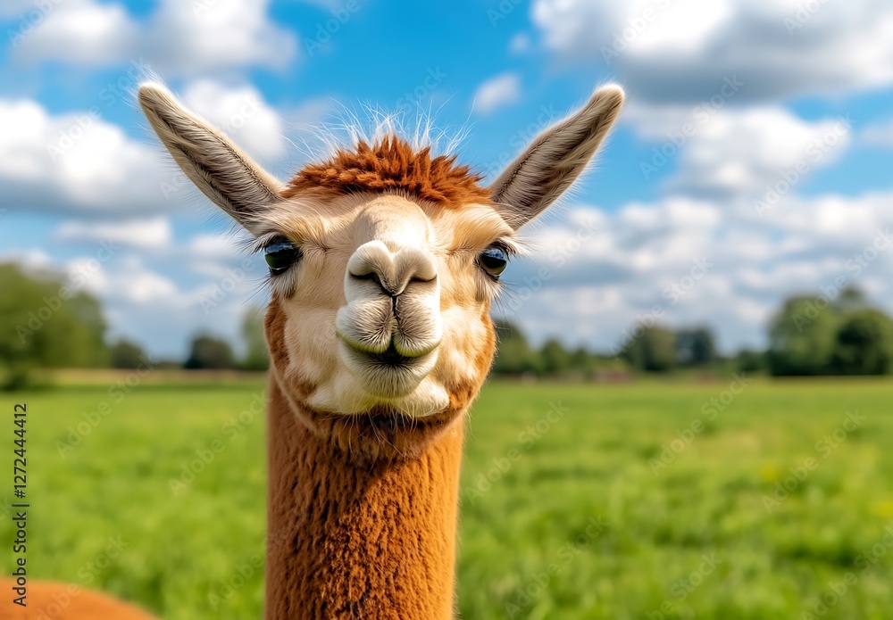 Obraz premium Friendly Alpaca with Charming Expression in Sunny Pasture Landscape