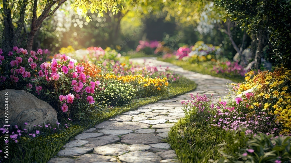 Charming Garden Path with Soft Winding Curves Surrounded by Blooms Charming Garden Path with Soft Winding Curves Surrounded by Blooms