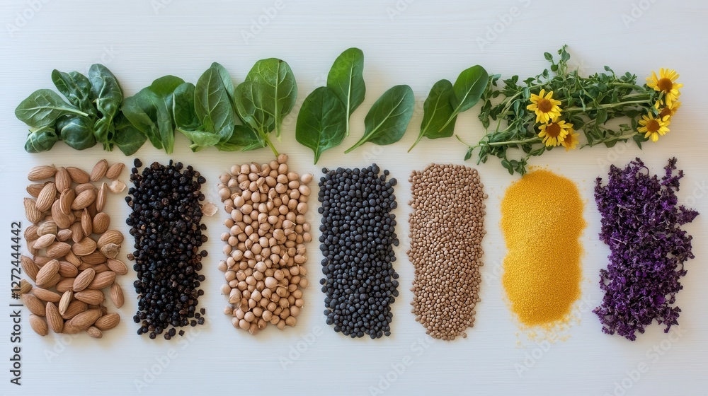 Fototapeta premium Colorful Assortment of Grains Legumes and Greens