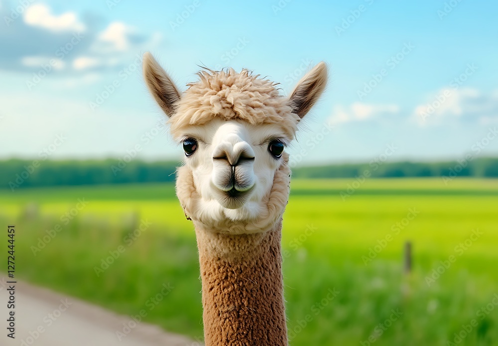 Obraz premium Cute Alpaca Standing Outdoors with Green Fields and Blue Sky