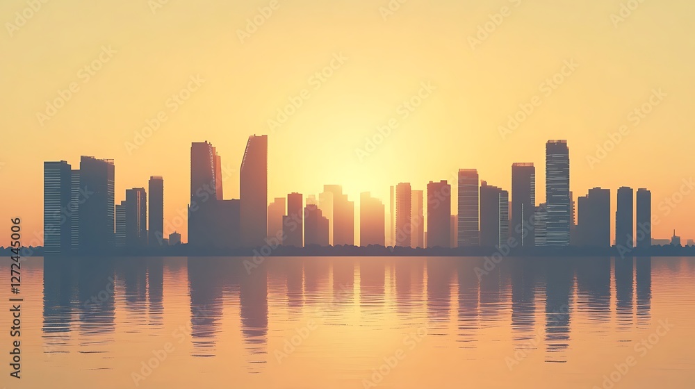Obraz premium City Skyline Sunset Reflection Water Golden Hour