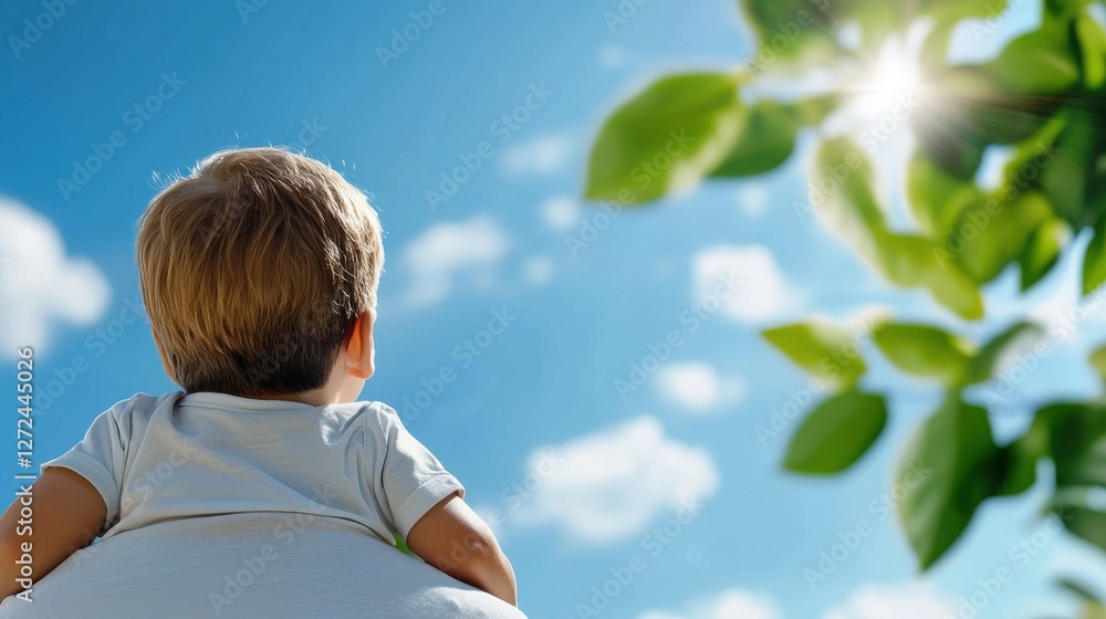 Naklejka premium Carefree Family Moment A child joyfully riding on their parent s shoulders surrounded by the lush greenery of a peaceful outdoor setting This heartwarming scene captures a moment of connection