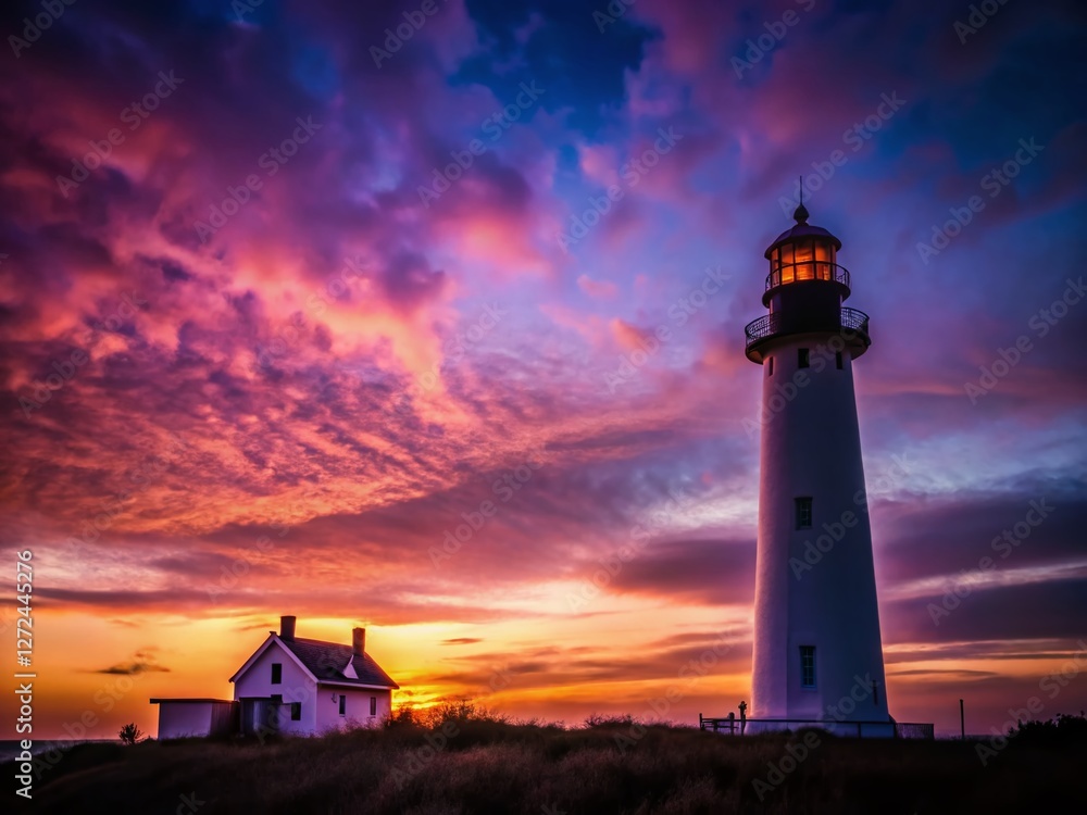 Majestic Lighthouse Duo at Twilight: Tall White Structure & Adjacent Tower Against Vibrant Purple Sky Majestic Lighthouse Duo at Twilight: Tall White Structure & Adjacent Tower Against Vibrant Purple Sky