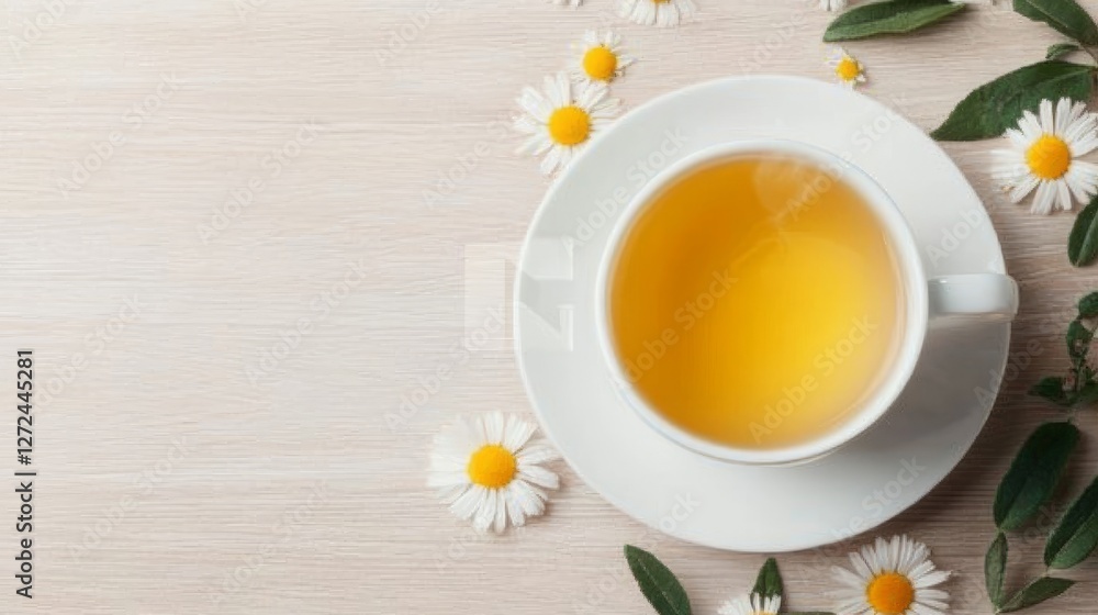 A calming cup of chamomile tea surrounded by fresh daisies on a wooden table A calming cup of chamomile tea surrounded by fresh daisies on a wooden table