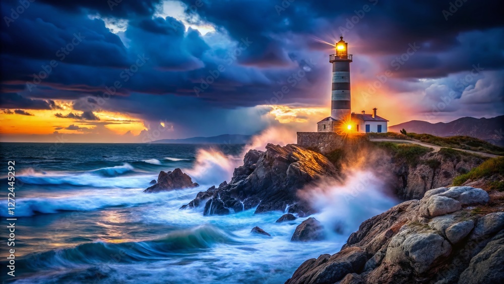 Fototapeta premium Majestic Lighthouse in Northern Sardinia, Maddalena Archipelago, Night Photography