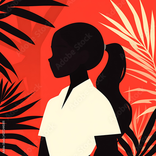 Silhouette Portrait of a Young Woman Amidst Exotic Foliage on a Summer Day Dreamscape Serenity.