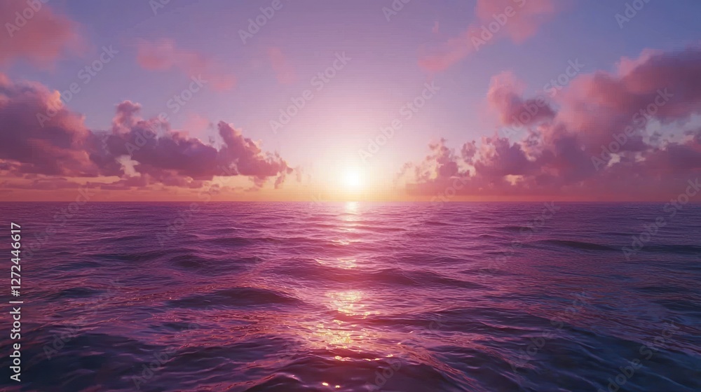 Obraz premium Vibrant pink sunset over calm ocean.