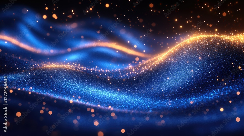 Fototapeta premium Abstract Blue Gold Particle Wave, Dark Background, Design Element