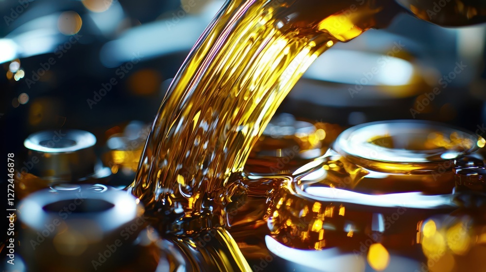 Close-Up of Engine Oil Pouring with Ambient Light Effects Close-Up of Engine Oil Pouring with Ambient Light Effects