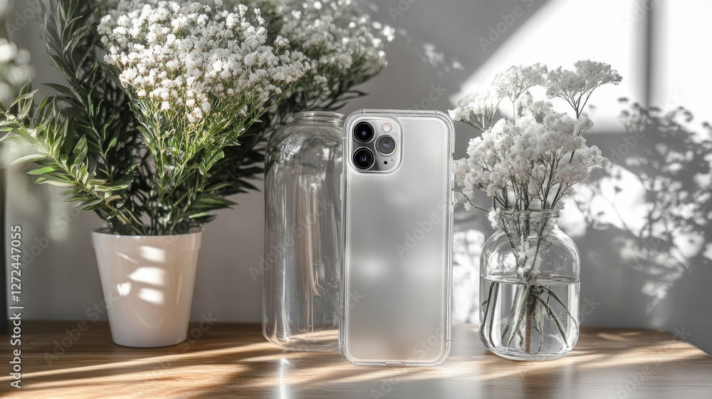 Fototapeta premium White Flowers in Clear Vases and Smartphone with a Transparent Case on Table