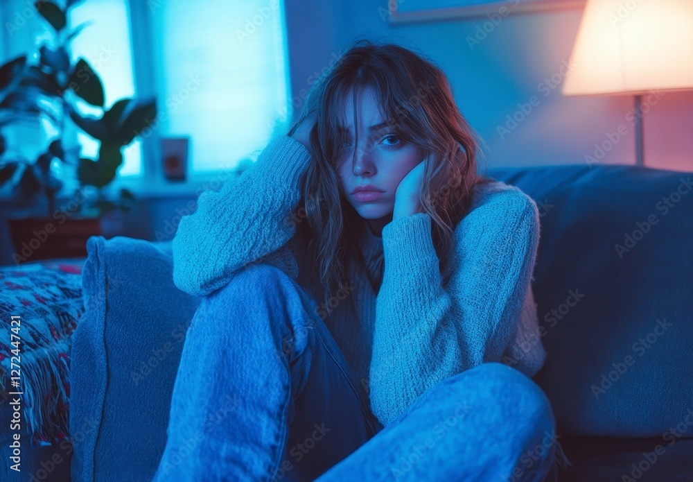Obraz premium Pensive Woman Sitting on Couch in Soft Blue Lighting at Home