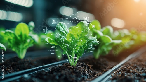Cutting edge agricultural technology featuring an AI powered holographic system that monitors analyzes and optimizes plant growth and cultivation for sustainable efficient and data driven farming