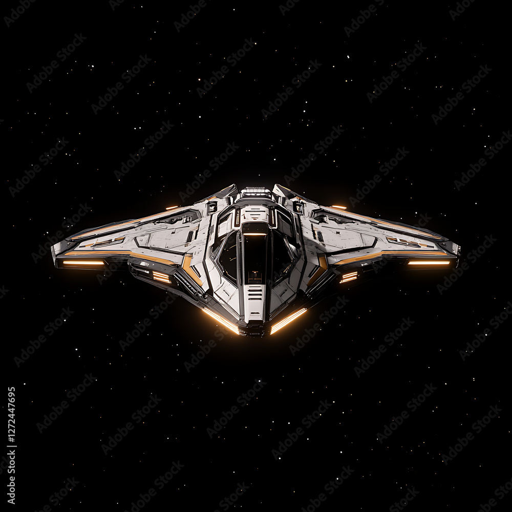 Sleek White Spacecraft Soaring Through the Starry Expanse of the Cosmos in Deep Space Exploration. Sleek White Spacecraft Soaring Through the Starry Expanse of the Cosmos in Deep Space Exploration.