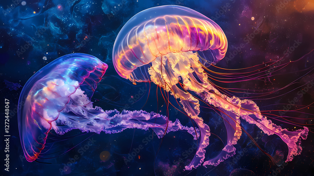 Obraz premium Transparent jellyfish with long tentacles aquatic life ocean animal sea creature under. Iridescent Jellyfish Skies. Illustration