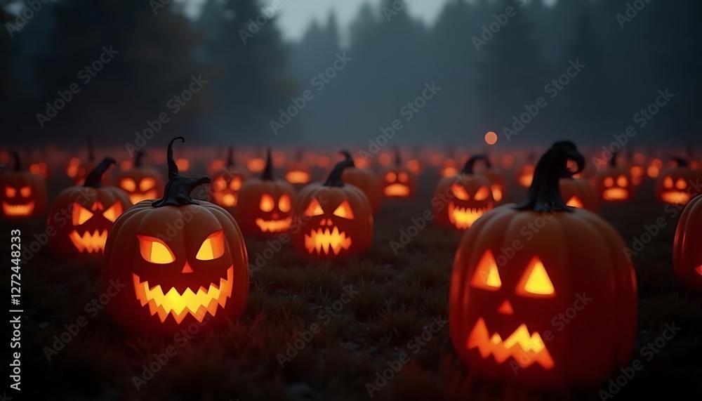 Spooky Halloween Night: A Field of Glowing Jack-o'-lanterns Spooky Halloween Night: A Field of Glowing Jack-o'-lanterns