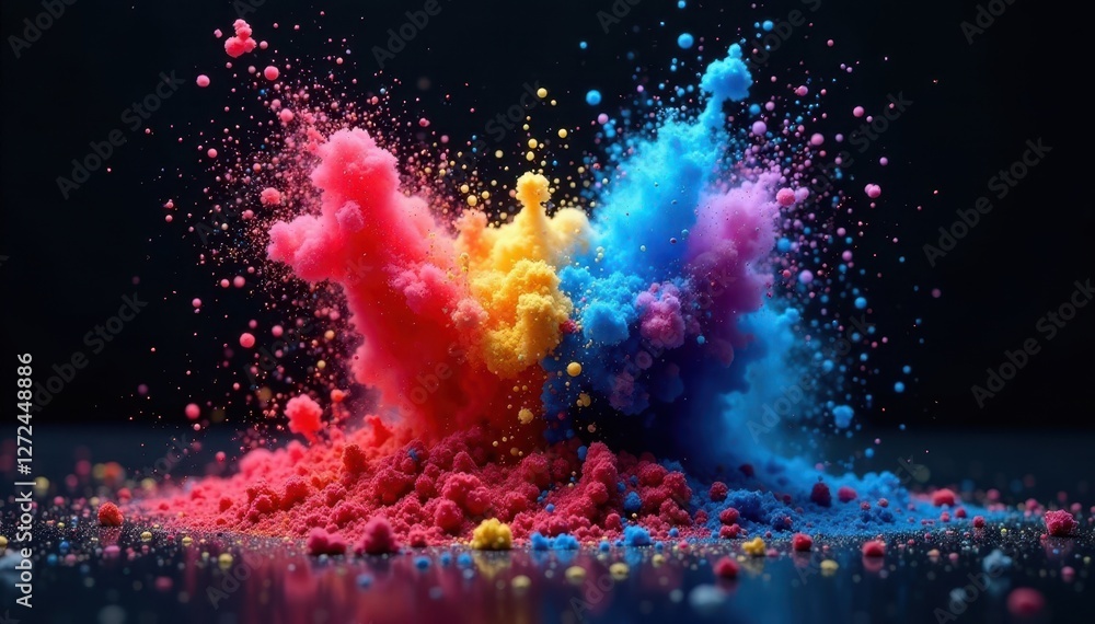Multicolored powder explodes dramatically, stark black setting, abstract art, black background Multicolored powder explodes dramatically, stark black setting, abstract art, black background