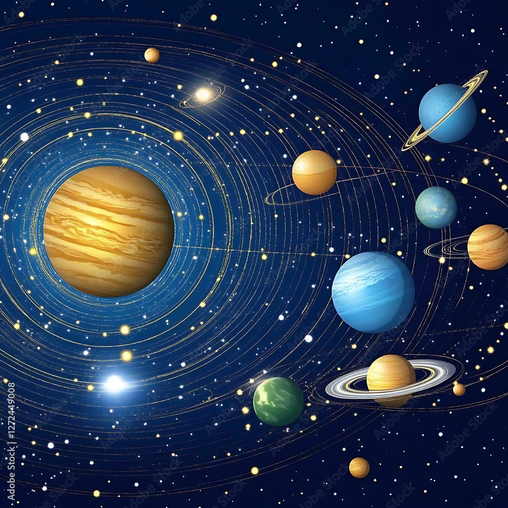 Fototapeta premium Solar System Cosmos Artistic View of Planets and Their Orbits Space Exploration Decorative Background.