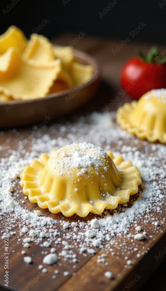 Ravioli creation, flour dusted wooden surface, top view, dough, overhead Ravioli creation, flour dusted wooden surface, top view, dough, overhead