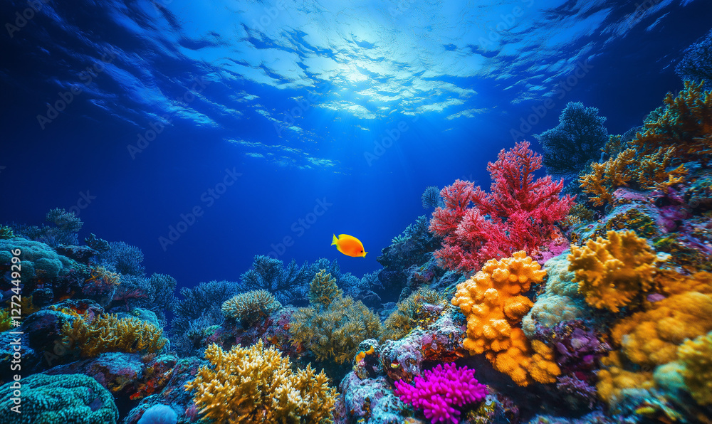 Fototapeta premium Stunning Underwater Scene Showcasing A Vibrant Coral Reef Teeming With Marine Life And Brilliant Colors