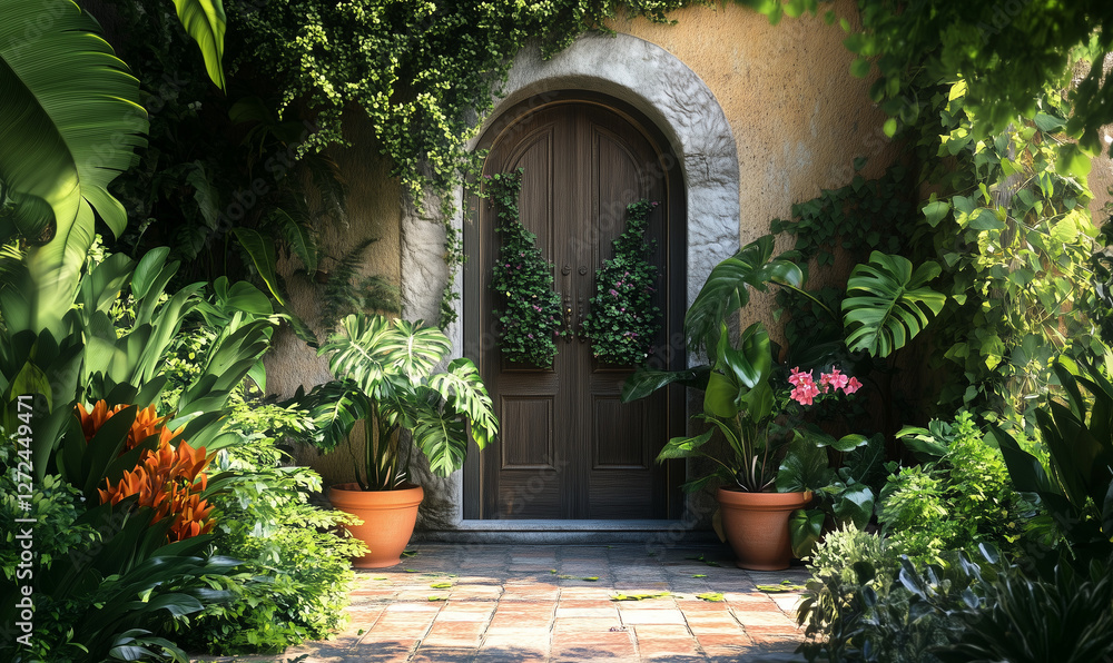 Fototapeta premium Grand Palatial Estate Entrance Featuring Decorated Doorway And Eco-Friendly Architectural Elements For Luxurious Sustainable Living