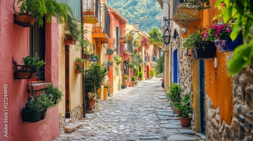 Colorful European Alleyway with Flowers and Buildings