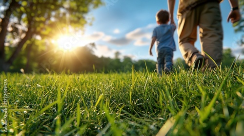 Cheerful child playing and exploring in a beautiful lush green park or garden setting with their family capturing the joy and freedom of time spent in nature together