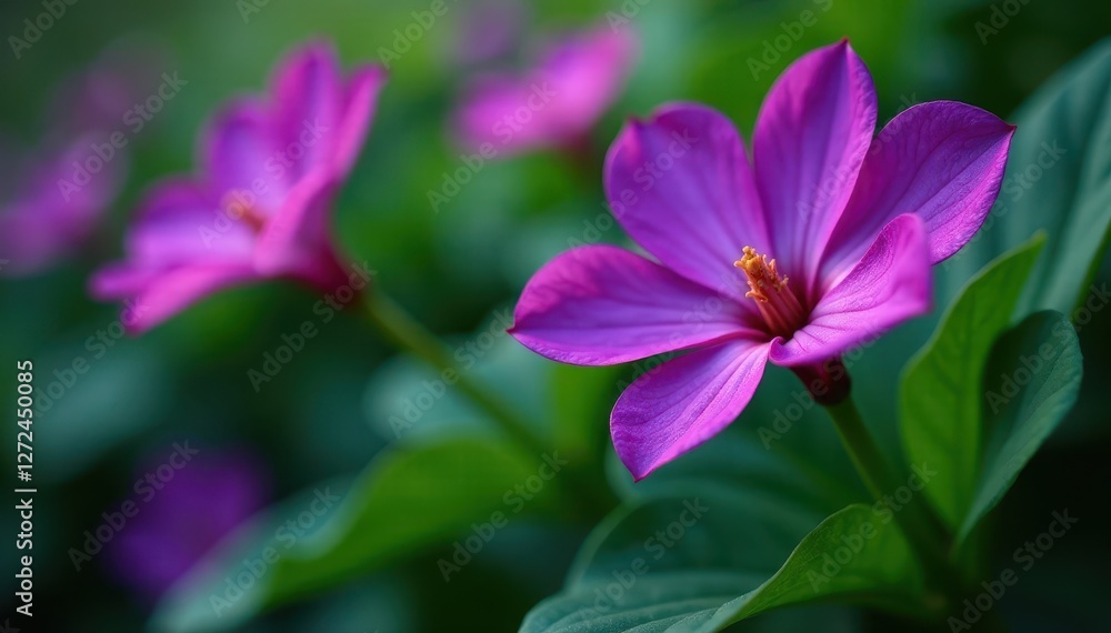 Close-up vibrant purple petals, lush green leaves, garden, green, blossom Close-up vibrant purple petals, lush green leaves, garden, green, blossom